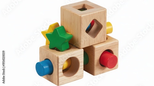 Colorful wooden blocks with various shapes and holes for children's play