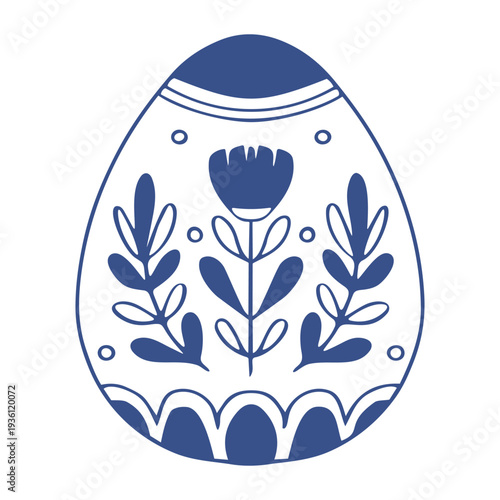 Folk floral Easter egg with symmetrical botanical ornament. Blue ink style vector illustration on white background