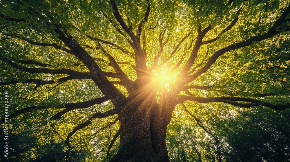 Fototapeta premium Sunlit Canopy: A majestic tree, its branches reaching skyward, forms a vibrant canopy as the sun's rays pierce through the leaves, creating a breathtaking display of light and nature's splendor.