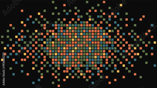 Vibrant pixelated explosion of colorful squares on black background