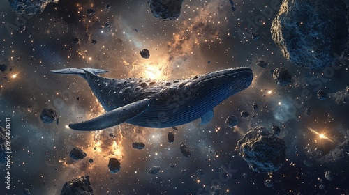 Whale in Space: A surreal spectacle unfolds as a majestic whale gracefully navigates the cosmos, surrounded by celestial bodies, embodying freedom and exploration.