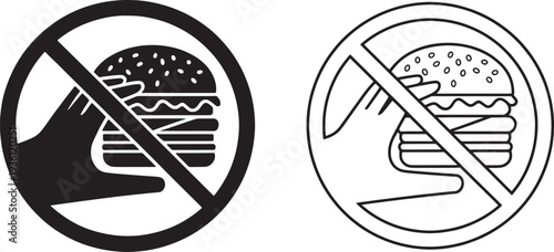 No eating signs with hand holding hamburger icons prohibited