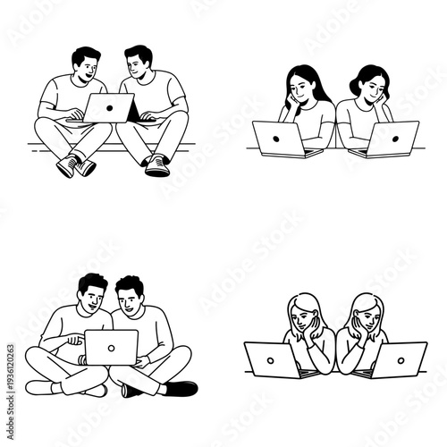 Group of people sitting with laptops  friends using computers  technology and communication  people and relationships