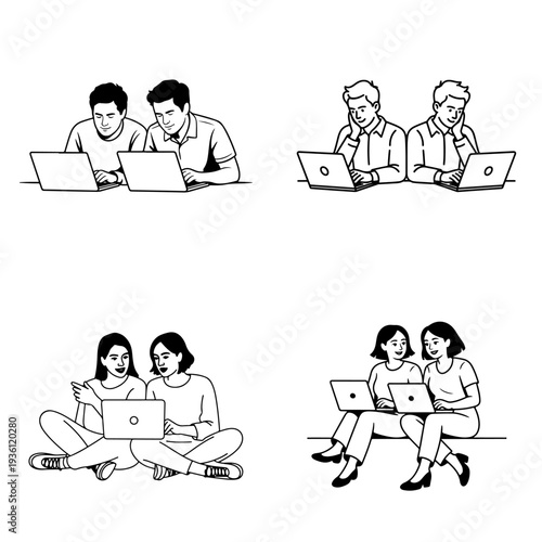 Group of people sitting together using laptops in different settings  friends coworkers students