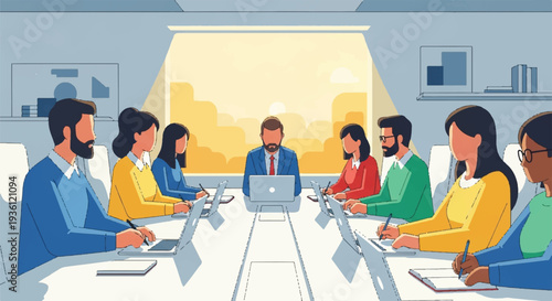 Diverse business team in a modern boardroom meeting, collaborating and discussing ideas around a large table with laptops and notebooks.