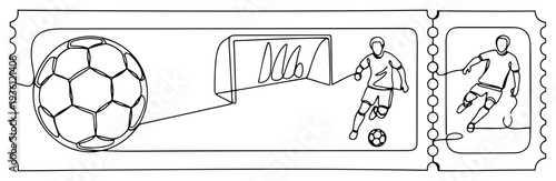 One line drawing of a football match ticket featuring soccer ball and players