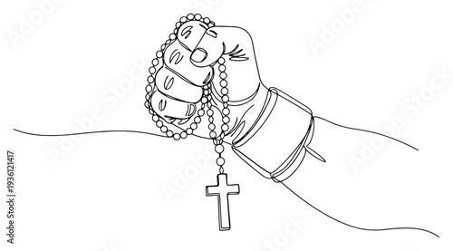 Continuous line drawing of a hand holding a rosary with a cross symbol