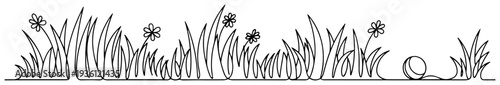 Continuous line art of a nature field with grass flowers and a small ball