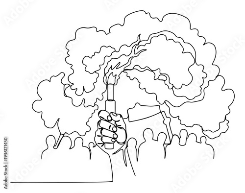 Continuous line drawing of a hand holding a burning flare amidst a crowd