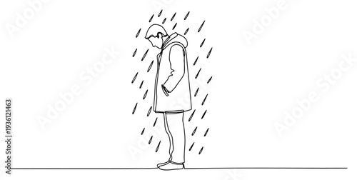 One line drawing of a lonely sad person standing under the falling rain