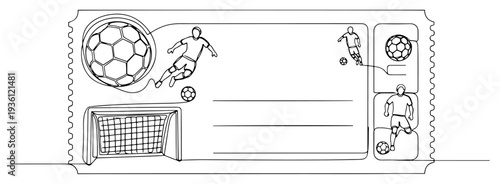 One line drawing of soccer ticket frame with goal and players