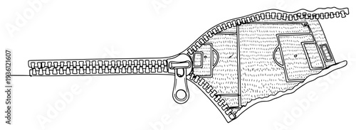 Line art illustration of a metal zipper opening to reveal a football pitch