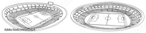 Detailed line art drawing of a large modern soccer stadium with empty seats