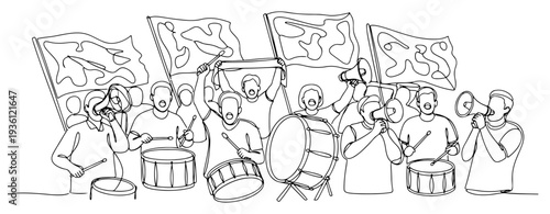 Group of soccer fans cheering with flags drums and megaphones in line art style