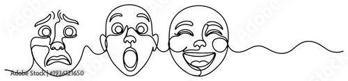Continuous line drawing of faces showing different human emotions from sadness to joy