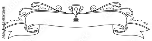 Continuous line drawing of decorative ribbon banner with winner trophy cup