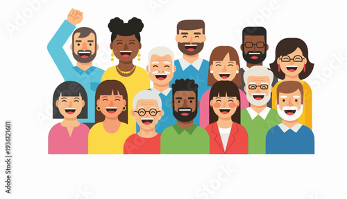 Diverse group of people smiling and celebrating together.