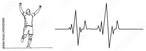 One line drawing of soccer player celebrating with heartbeat EKG line