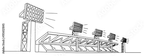 Minimalist line art of stadium floodlights and empty spectator stands