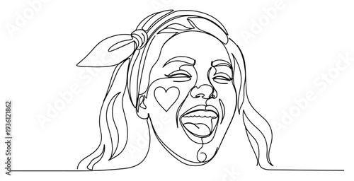 Continuous line drawing of a happy girl shouting with a heart on her cheek