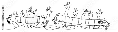 Continuous line drawing of soccer fans hands holding scarves and cheering for team