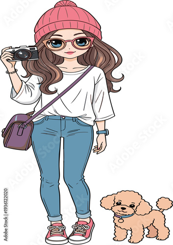 Cute Fashion Girl Photographer Cartoon Vector Character with Camera and Dog Stylish Young Woman Illustration for Lifestyle Blogging Social Media and Design