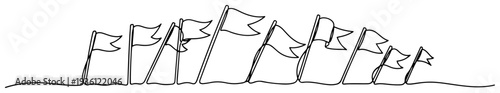 Row of waving flags in a minimalist continuous one line drawing style for sport events