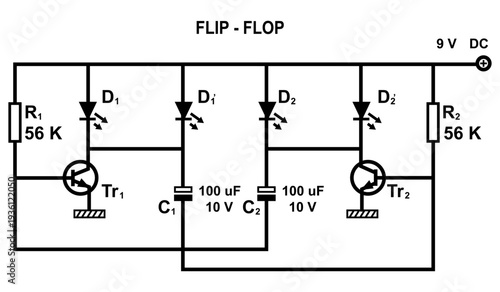 Flip-Flop Transistor LED Astable Multivibrator Circuit Schematic With Capacitors and Resistors