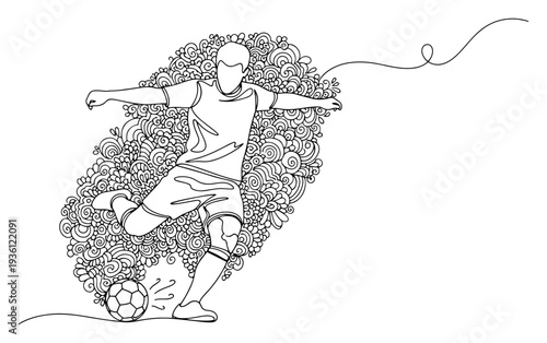 Continuous line drawing of a soccer player kicking ball with decorative pattern
