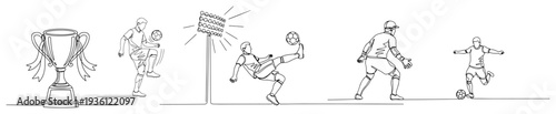Set of continuous line drawings showing soccer players actions and a trophy