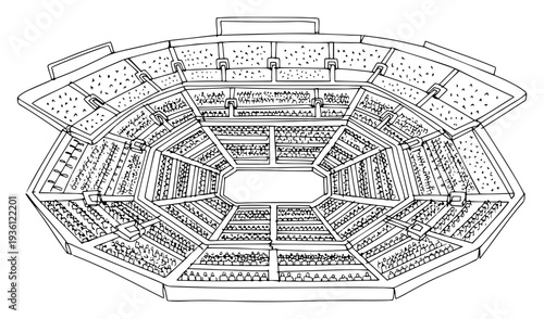Detailed aerial perspective of soccer stadium stands in line art