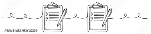 Pair of clipboards with pens representing check list and survey in continuous line art