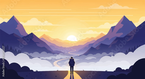 Lone hiker stands on mountain path at sunrise, looking at majestic valley and distant peaks, serene landscape