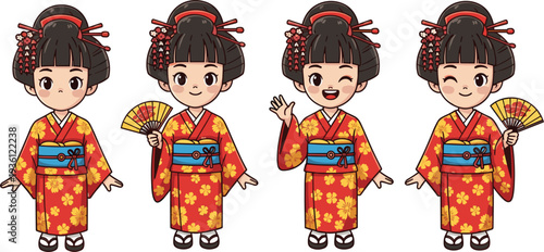 Cute Japanese Kimono Girl Cartoon Character Set with Fan and Different Poses for Cultural Festival, Kids Illustration and Traditional Asia Design