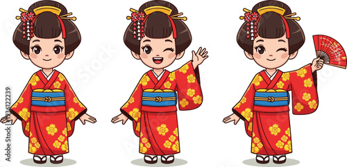 Cute Japanese Girl in Traditional Kimono Cartoon Set with Fan and Different Poses for Cultural Illustration, Festival Design and Kids Character Graphics