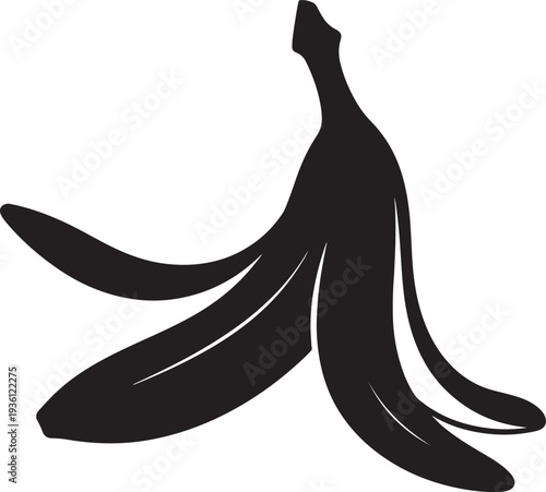 A black silhouette of a discarded banana peel lying on the ground isolated on a transparent background vector illustration