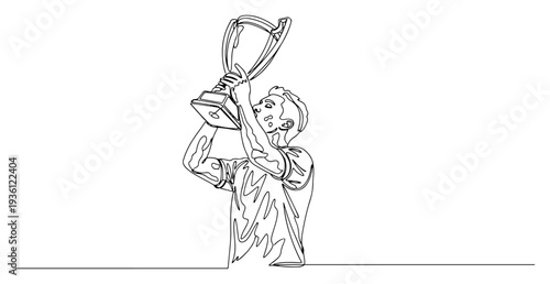 Professional soccer player kissing winner trophy cup in continuous one line drawing style