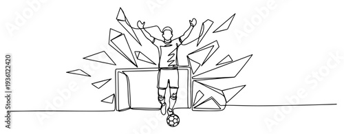Continuous line drawing of soccer player celebrating with shattered fragments