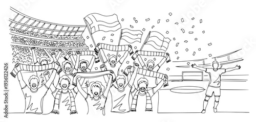 Crowd of football fans cheering with flags and scarves in a stadium continuous line art