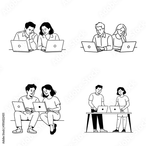 People using laptops in various settings and poses for business and work purposes together