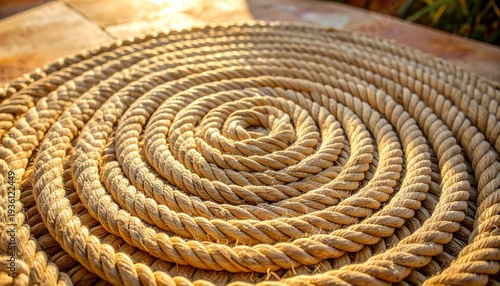 Spiral of thick nautical rope creating an abstract pattern and texture