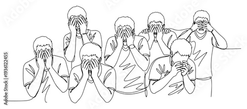 Group of disappointed football fans covering their faces in a continuous one line drawing style