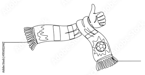 Thumbs up hand gesture wearing a football fan scarf in continuous one line drawing style