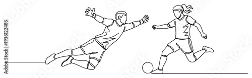 Continuous one line drawing of a male goalkeeper diving while a female player dribbles the soccer ball