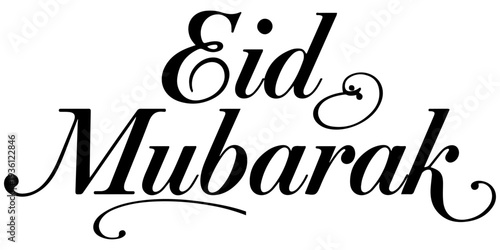 Eid Mubarak calligraphy text in elegant black script font isolated on white background; minimalist religious greeting for Eid al-Fitr and Eid al-Adha festivals, holiday vector illustration.