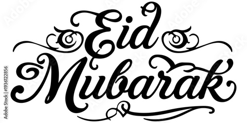 Eid Mubarak calligraphy text in elegant black script font isolated on white background; minimalist religious greeting for Eid al-Fitr and Eid al-Adha festivals, holiday vector illustration.