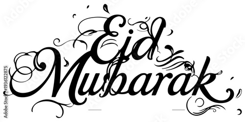 Eid Mubarak calligraphy text in elegant black script font isolated on white background; minimalist religious greeting for Eid al-Fitr and Eid al-Adha festivals, holiday vector illustration.
