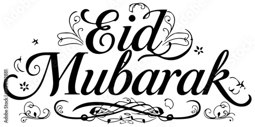 Eid Mubarak calligraphy text in elegant black script font isolated on white background; minimalist religious greeting for Eid al-Fitr and Eid al-Adha festivals, holiday vector illustration.