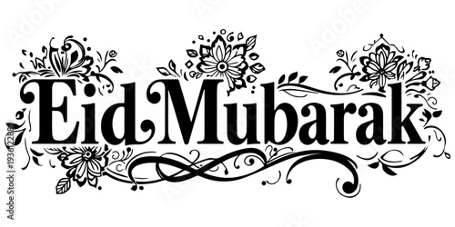 Eid Mubarak calligraphy text in elegant black script font isolated on white background; minimalist religious greeting for Eid al-Fitr and Eid al-Adha festivals, holiday vector illustration.