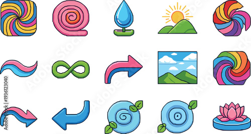 Abstract wellness and spiritual vector icon set featuring colorful lotus flower meditation symbols nature landscapes yoga swirls infinity loops and creative geometric elements.